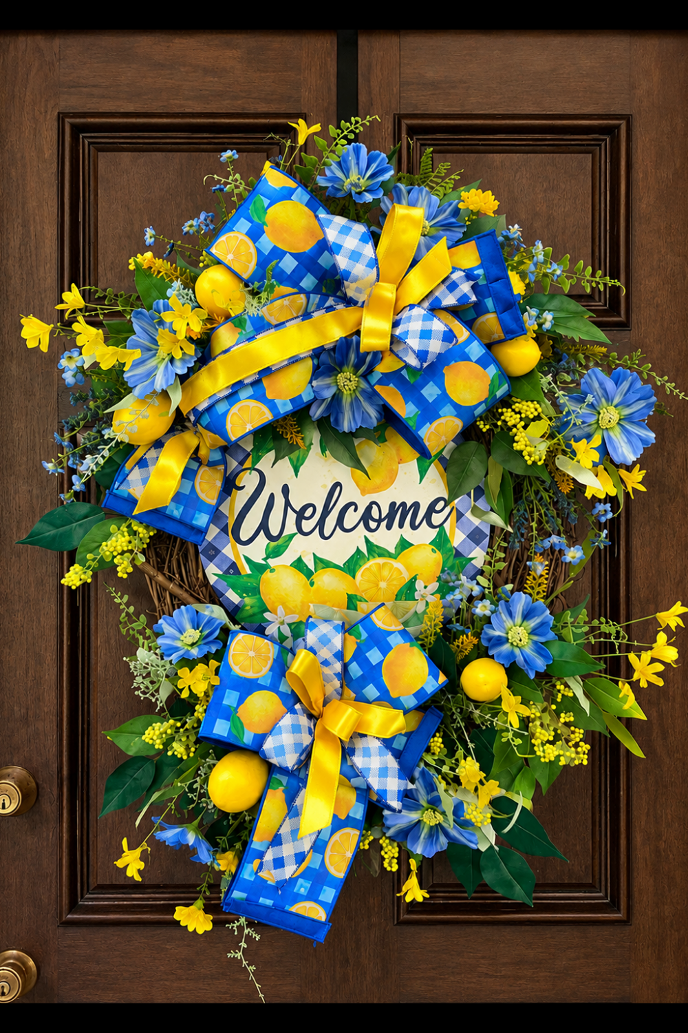 Lemon Welcome Wreath for Front Door | Blue & Yellow Summer Citrus Grapevine Door Hanger