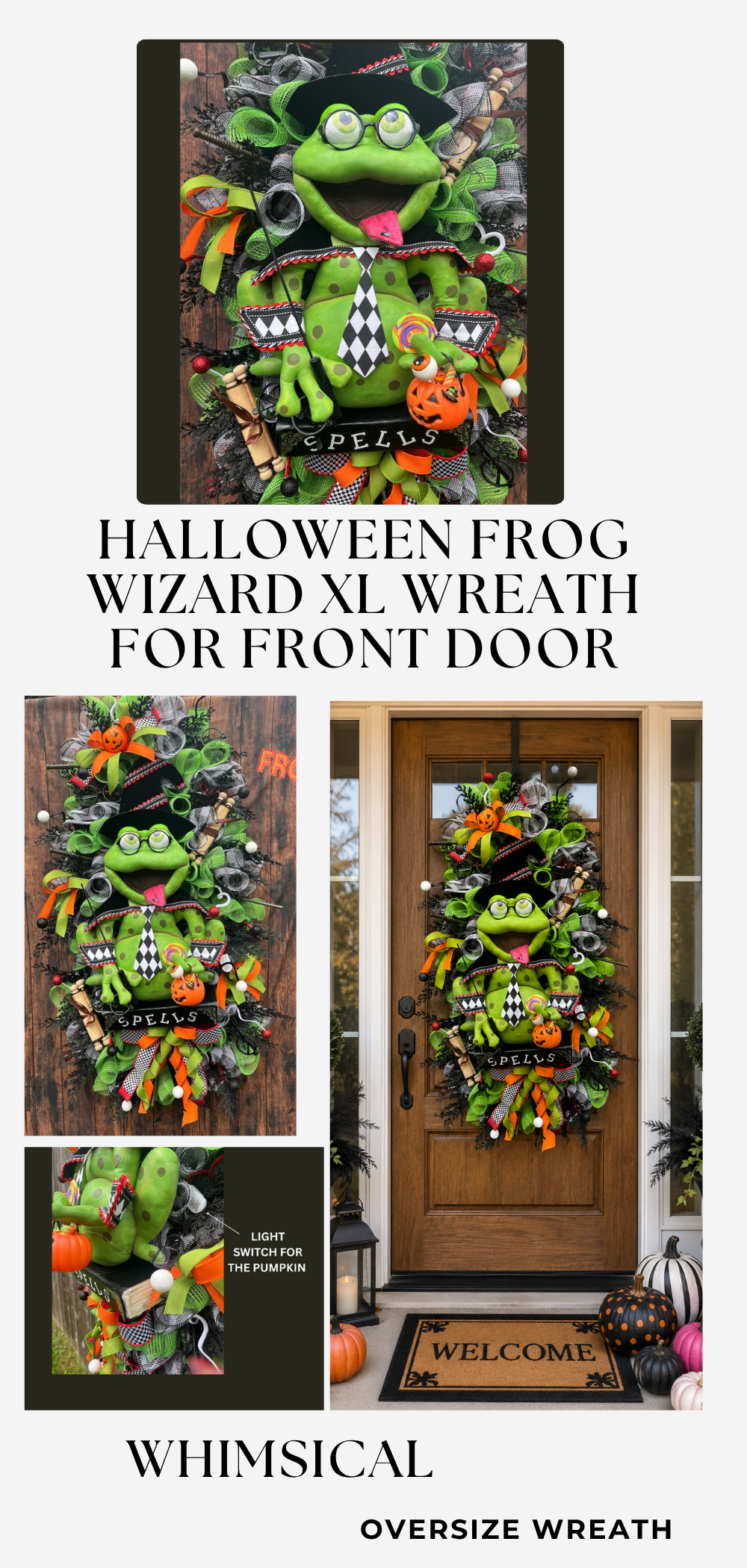Dr. Frogger the Wizard Halloween Wreath, XL Designer Wreath for the Front Door, Halloween Decor