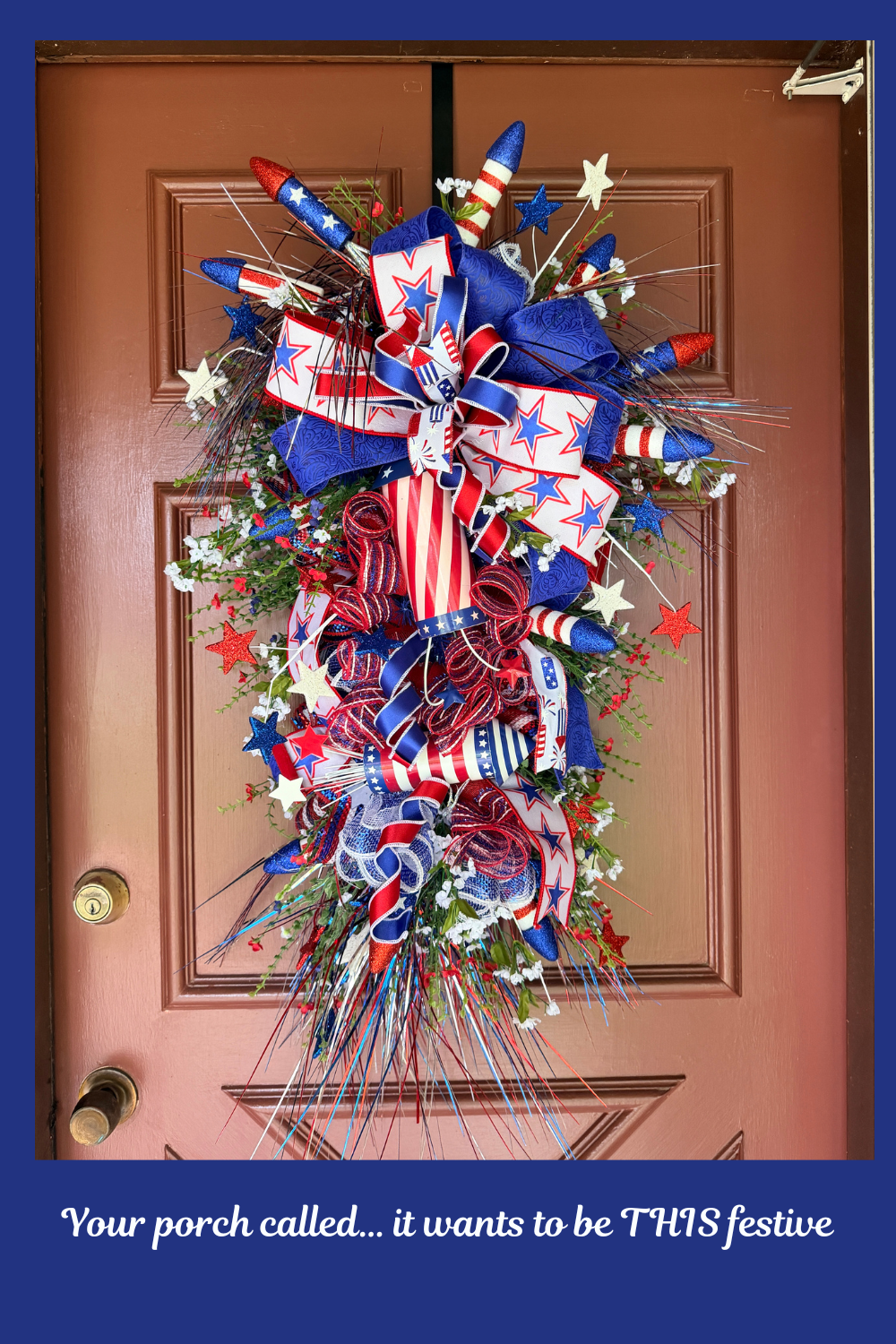 Patriotic Front Door Swag with Firecrackers | Red White Blue Americana Porch Decor