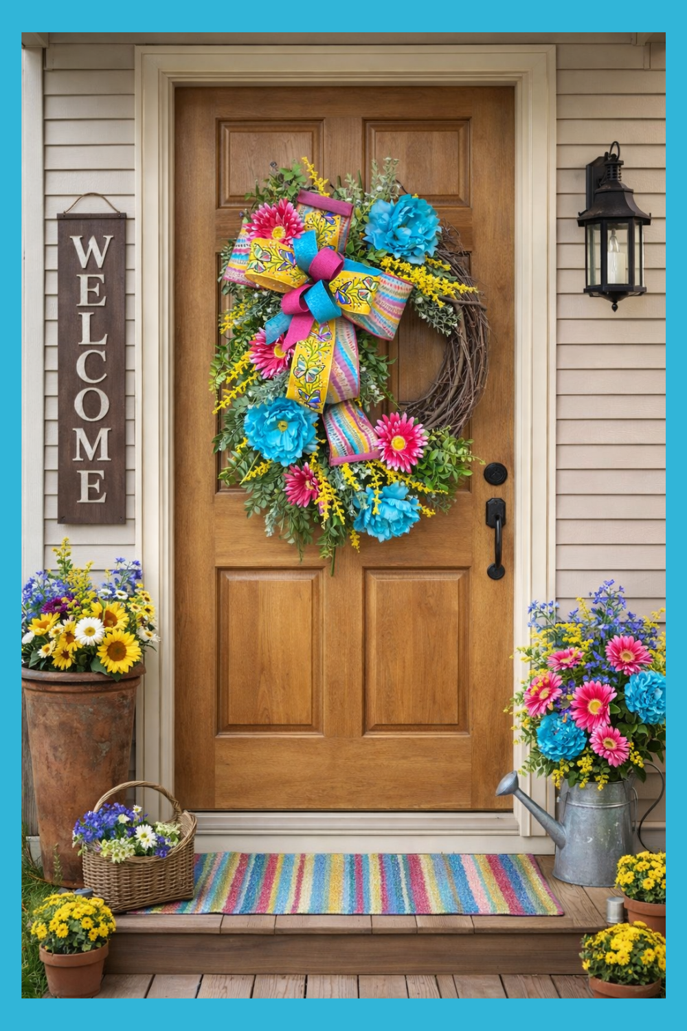 Spring Front Door Teal Pink Floral Wreath for Farmhouse Porch Decor