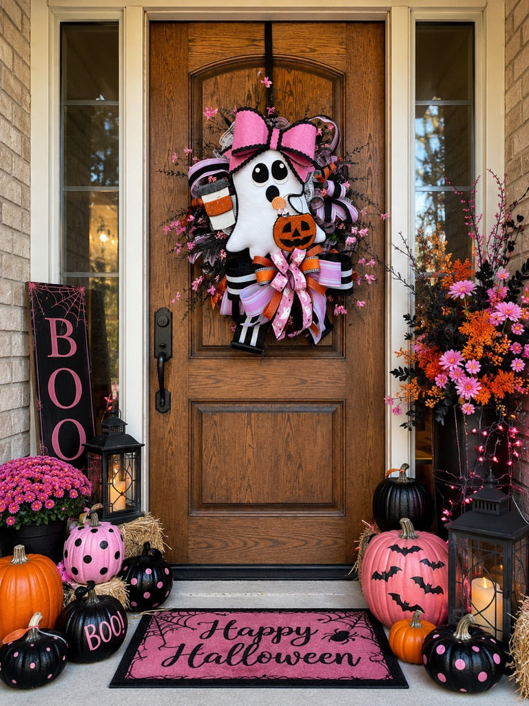 Glam Ghost Halloween Wreath with Coffee Cup & Pink Bow