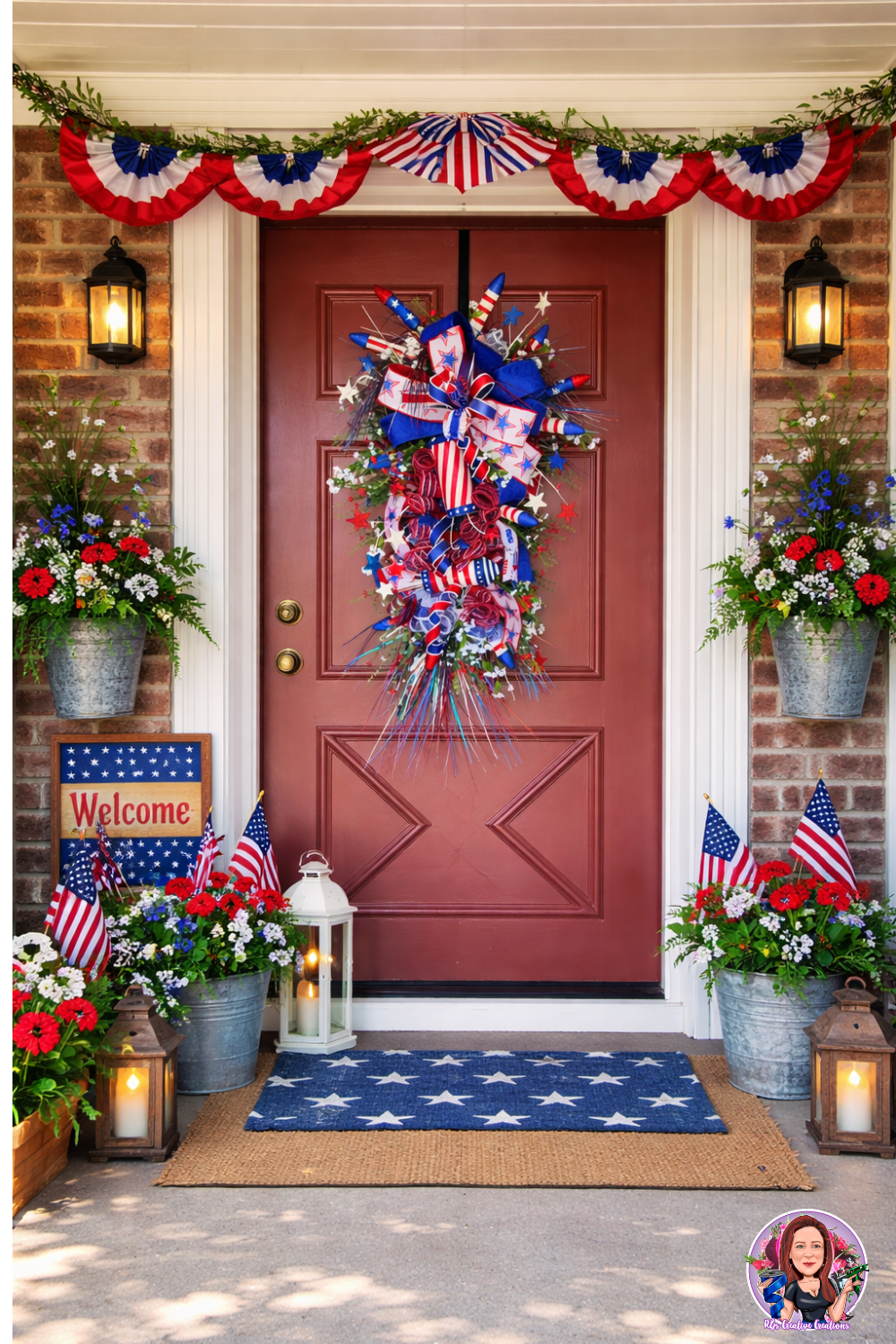 Patriotic Front Door Swag with Firecrackers | Red White Blue Americana Porch Decor