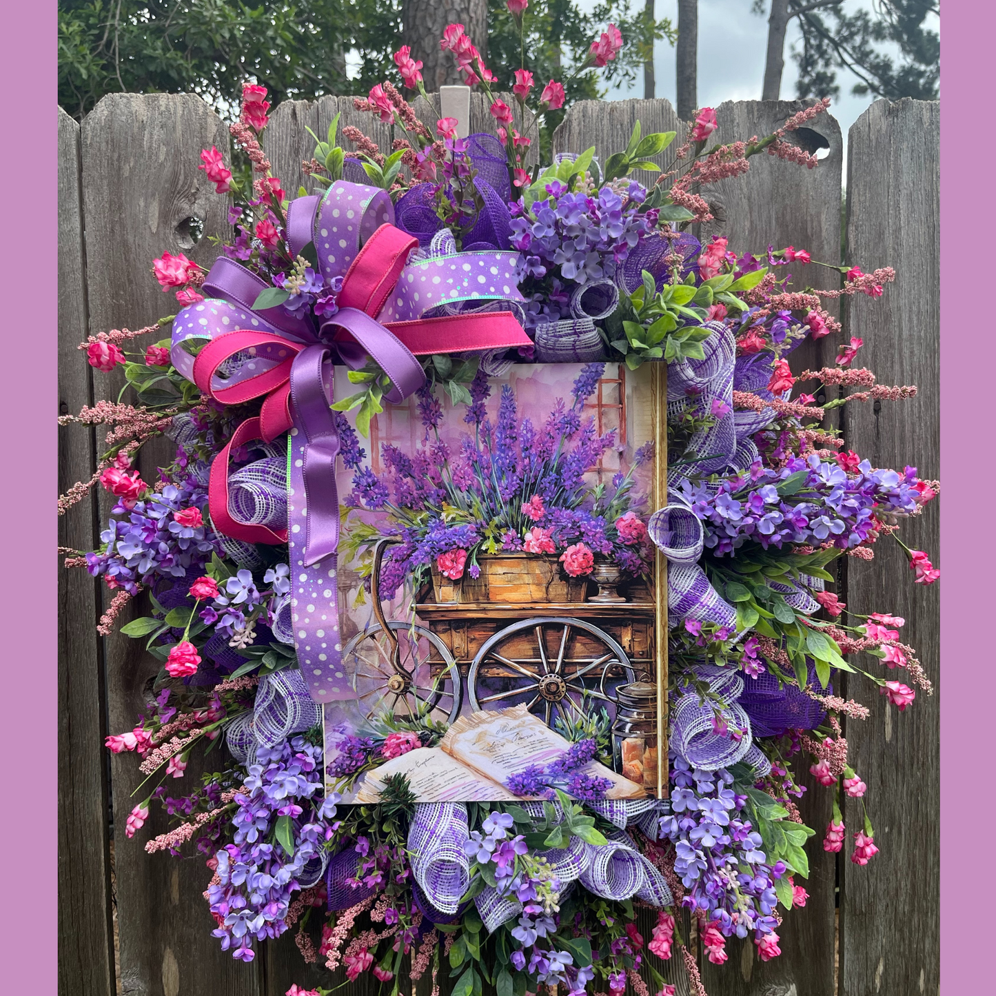 Purple Summer Door Decor with Wildflowers, Whimsical Country Farmhouse Style,Lavender Cart Wreath with Florals & Bows