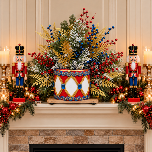 Festive Nutcracker Drum Floral Arrangement – Christmas Regal Centerpiece