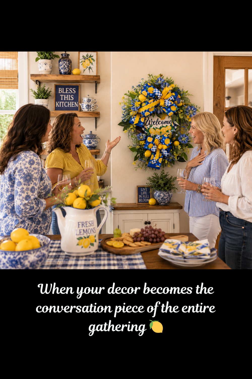Lemon Welcome Wreath for Front Door | Blue & Yellow Summer Citrus Grapevine Door Hanger