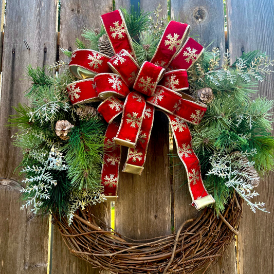 Red Christmas Wreath with Bow – Winter Pine & Snowflake Holiday Decor