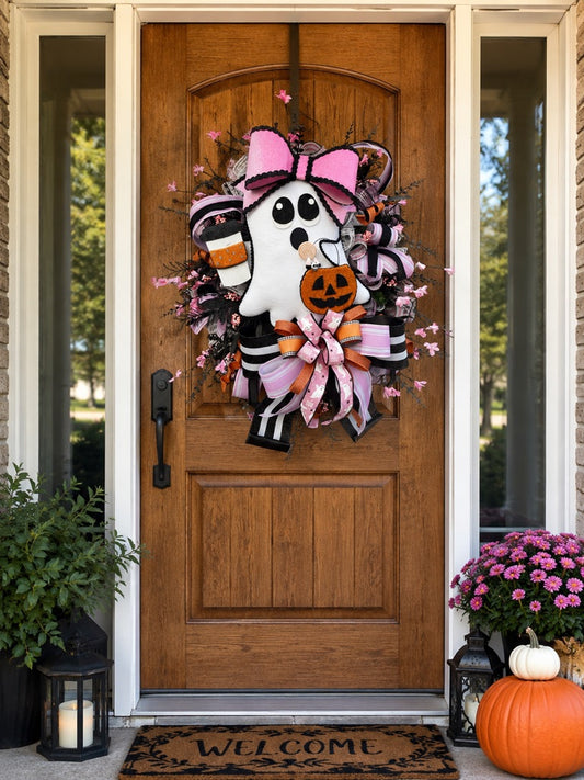 Glam Ghost Halloween Wreath with Coffee Cup & Pink Bow