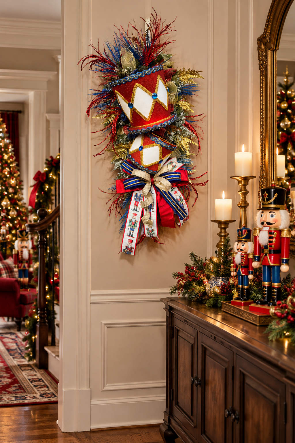 Nutcracker Drum Christmas Swag – Red, Blue & Gold Holiday Door Decor with Glitter Picks & Nutcracker Ribbon