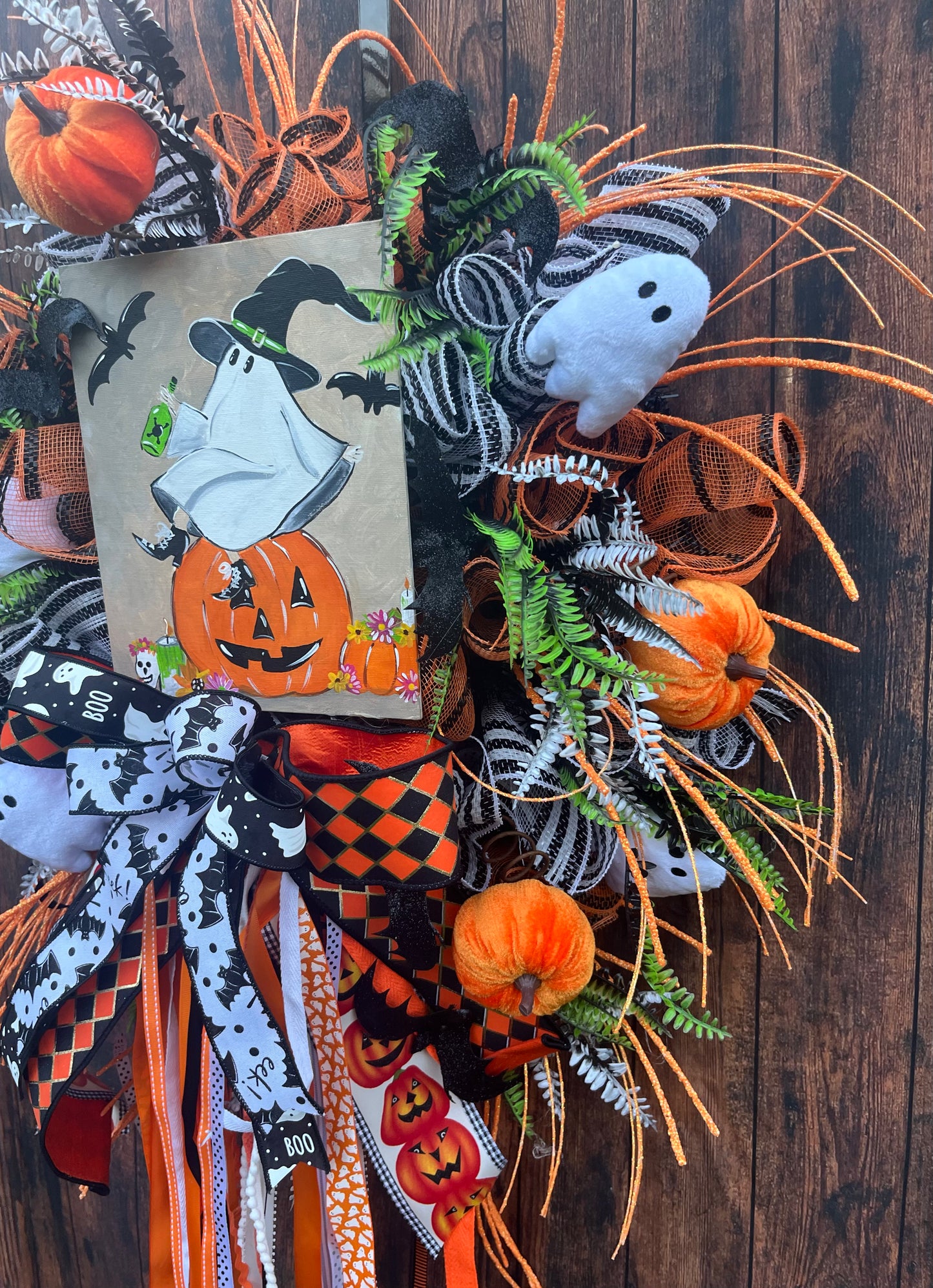 Whimsical Halloween Ghost Wreath with Pumpkin, Bats & Ribbons – Spooky Front Door Decor