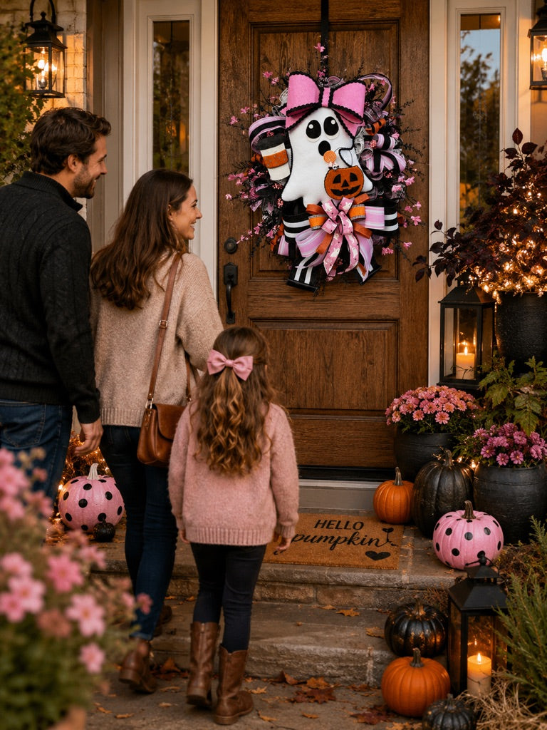 Glam Ghost Halloween Wreath with Coffee Cup & Pink Bow