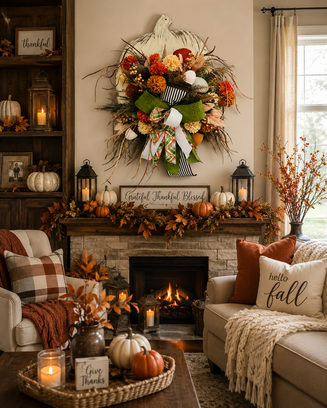 Fall Pumpkin Door Hanger for Front Door Neutral Fall Décor for Front Porch Rustic Autumn Pumpkin Wreath for Living Room Seasonal Accents