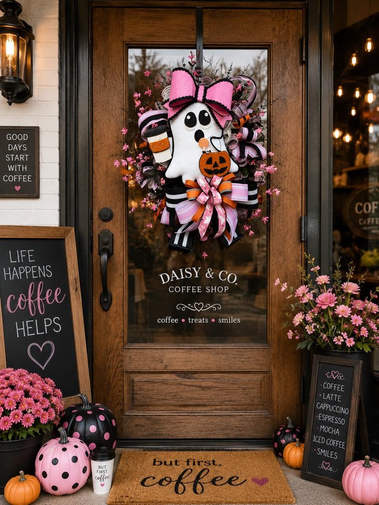 Glam Ghost Halloween Wreath with Coffee Cup & Pink Bow