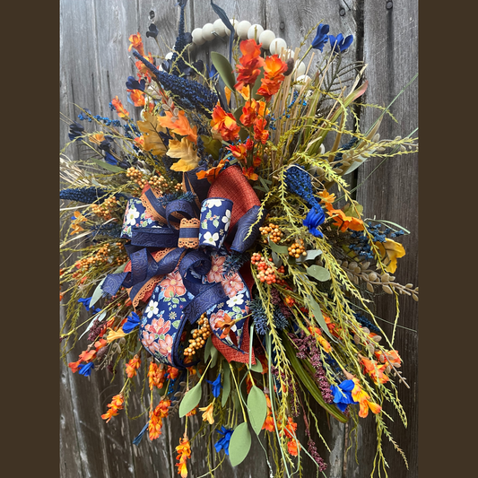 Fall Hoop Wreath with Navy & Orange Florals | Rustic Harvest Door Decor