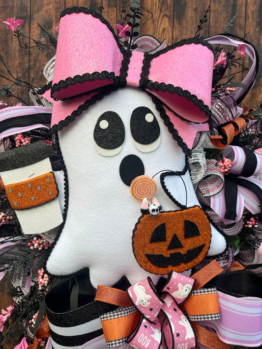 Glam Ghost Halloween Wreath with Coffee Cup & Pink Bow | Spooky Cute Door Décor