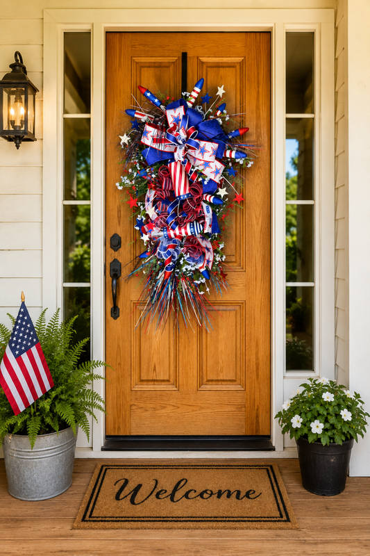 Patriotic Front Door Swag with Firecrackers | Red White Blue Americana Porch Decor