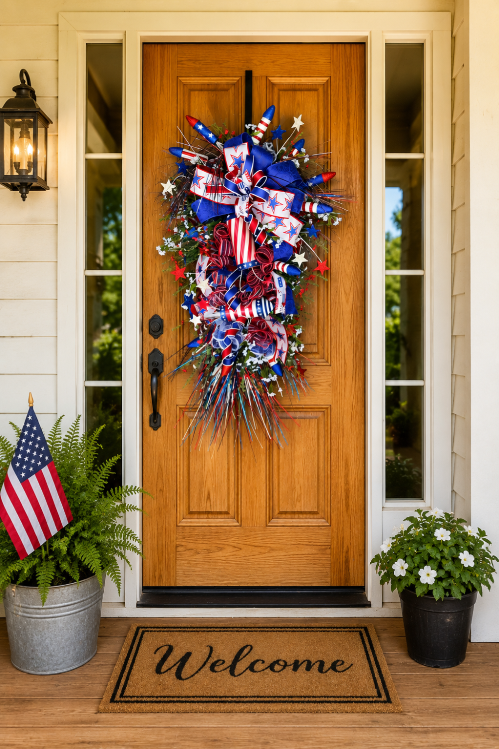Patriotic Front Door Swag with Firecrackers | Red White Blue Americana Porch Decor