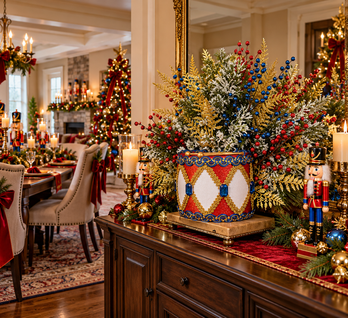 Festive Nutcracker Drum Floral Arrangement – Christmas Regal Centerpiece