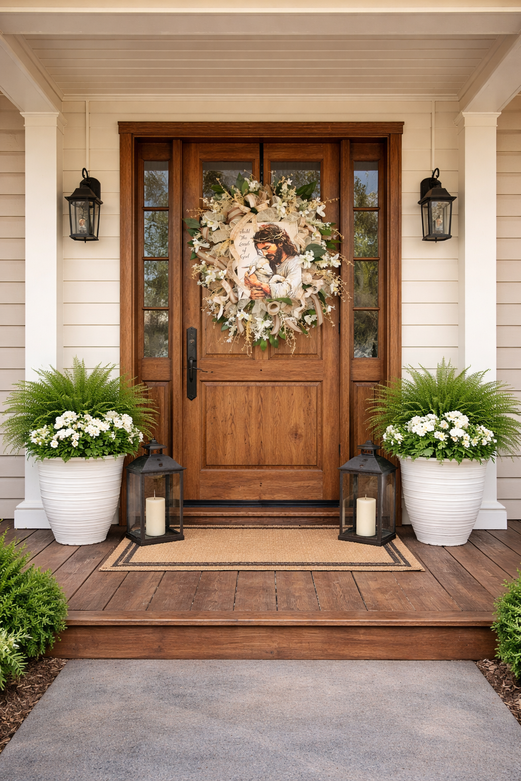 Christian Front Door Wreath with Jesus and Lamb of God – Neutral Elegant Faith Decor for a Warm, Meaningful Entryway