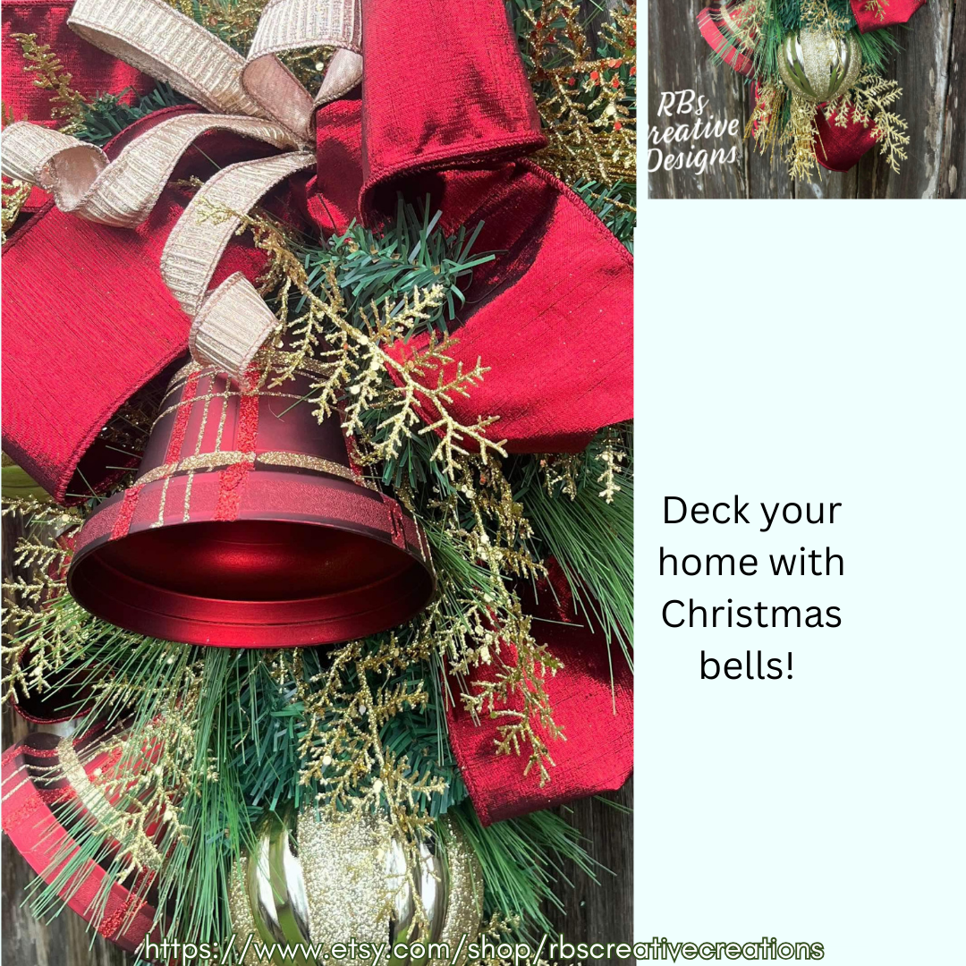 Christmas Bell Wreath for front door, Christmas elegant swag, holiday wreath, holiday gifts, winter wreath, wall decor for inside home, bell deco