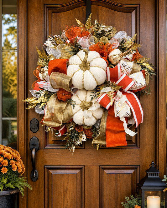 Fall Wreath with White Pumpkins & Orange Accents, Autumn Decor for Front Door, Thanksgiving Wreath, wall decor for fall, elegant fall decor