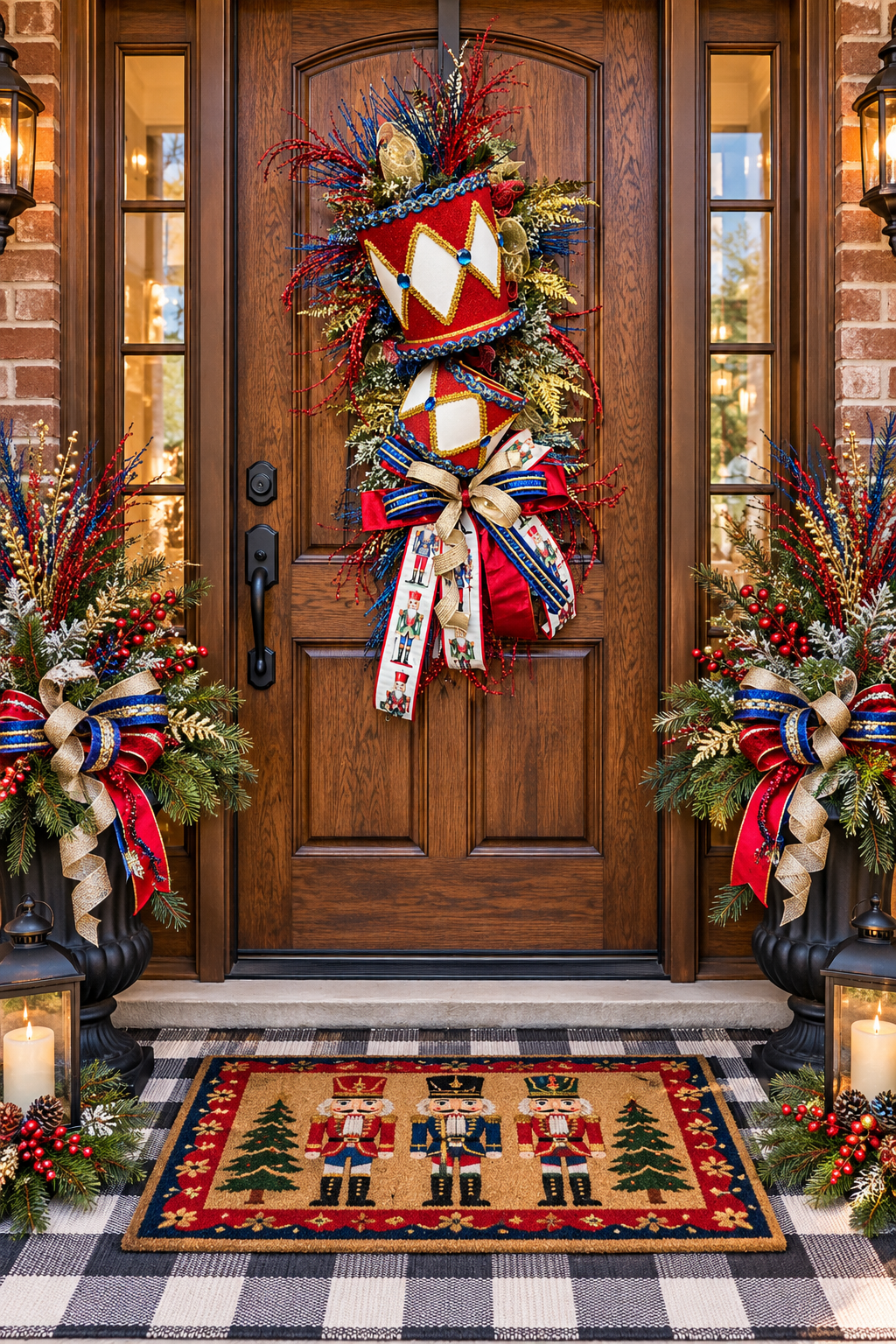 Nutcracker Drum Christmas Swag – Red, Blue & Gold Holiday Door Decor with Glitter Picks & Nutcracker Ribbon
