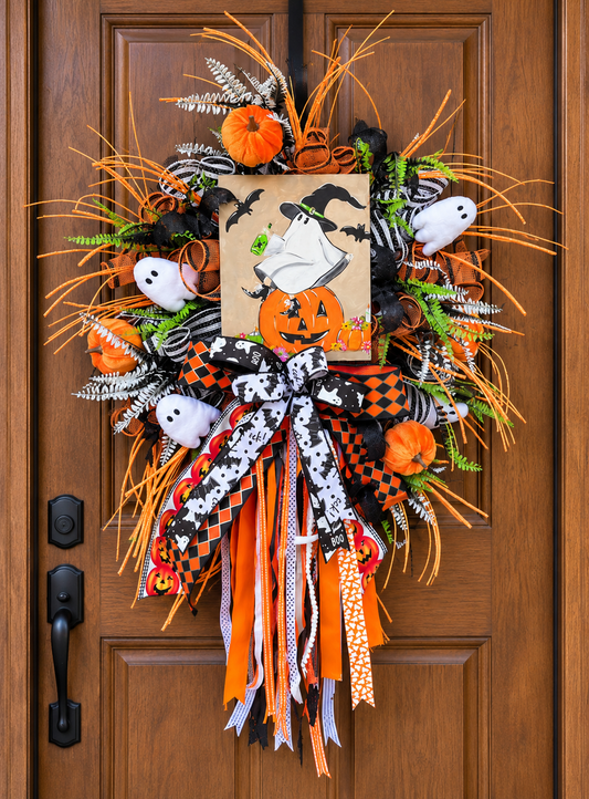 Whimsical Halloween Ghost Wreath with Pumpkin, Bats & Ribbons – Spooky Front Door Decor