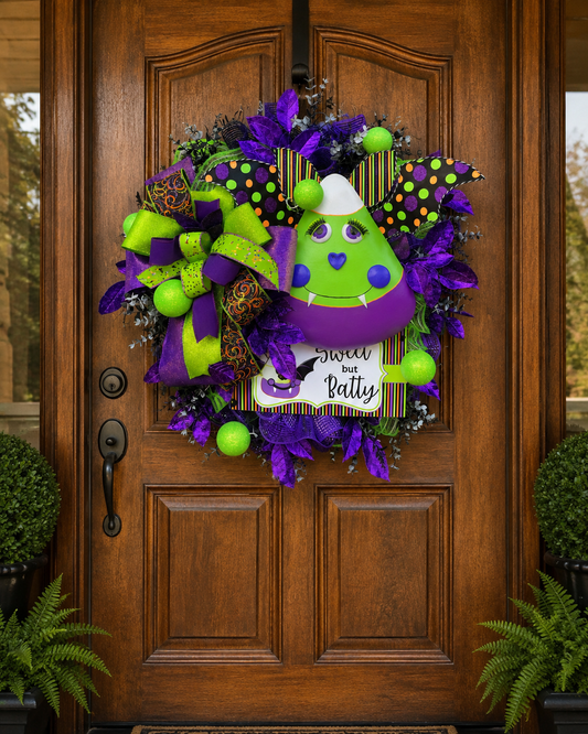 Halloween Candy Corn Bat Wreath, Spooky Front Door Decor, Fall Wreath with Bats, Candy Corn Halloween Wreath, Halloween Front Door Decor