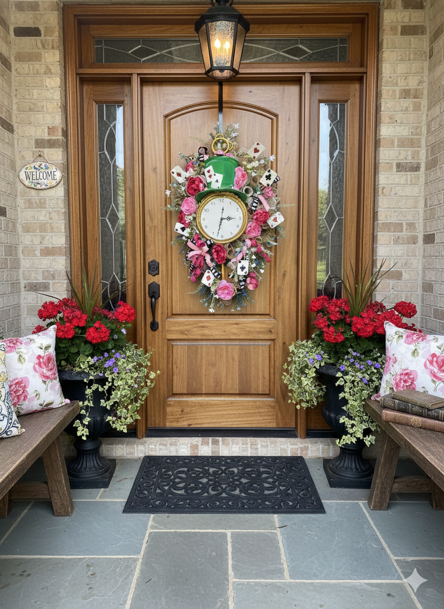 Storybook Tea Party Wreath with Clock – Whimsical Door Decor