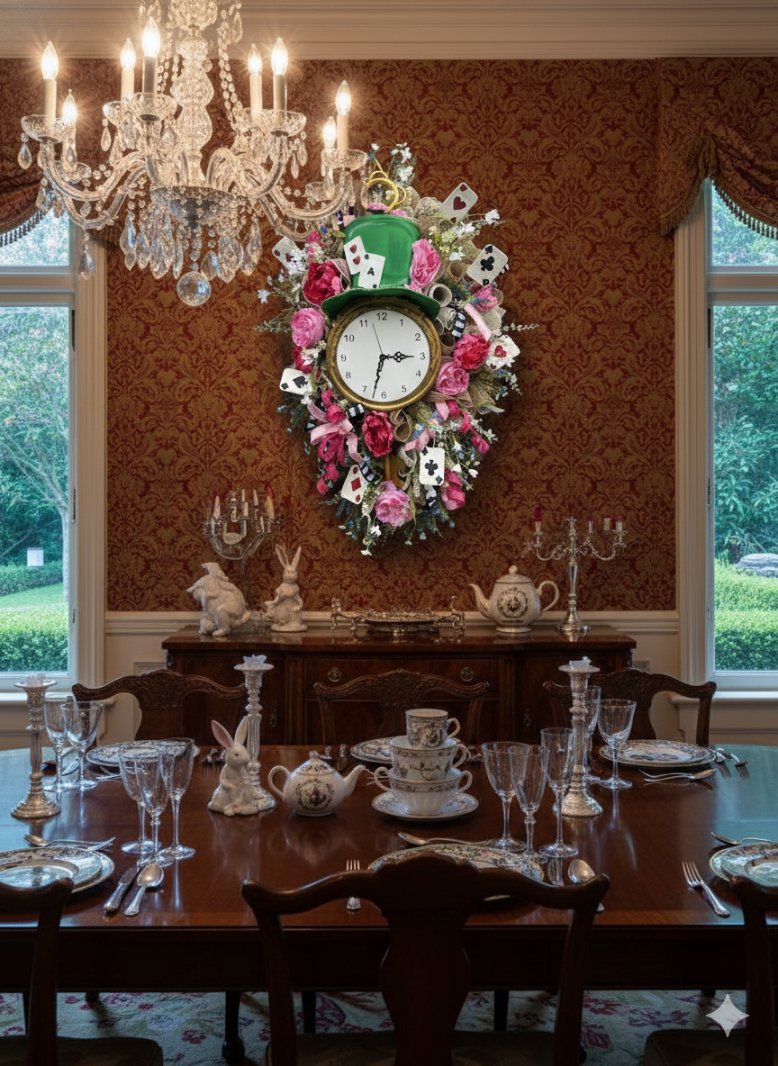 Storybook Tea Party Wreath with Clock – Whimsical Door Decor