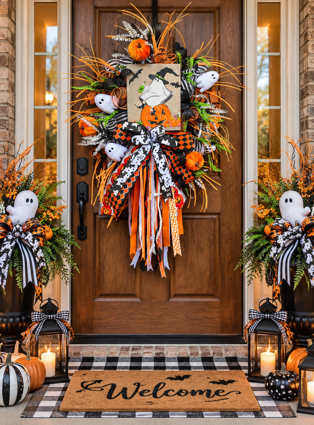 Whimsical Halloween Ghost Wreath with Pumpkin, Bats & Ribbons – Spooky Front Door Decor