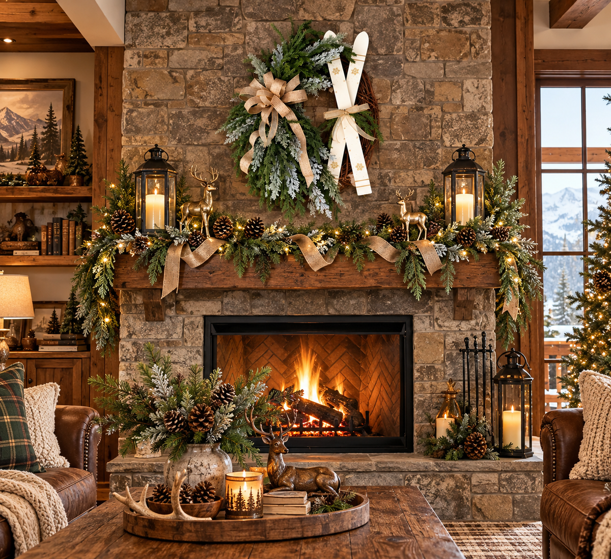 Ski Christmas Wreath for Front Door, Winter Ski Lodge Decor, Rustic Christmas Door Wreath, Snow Ski Holiday Decor, Cabin Christmas Decoration