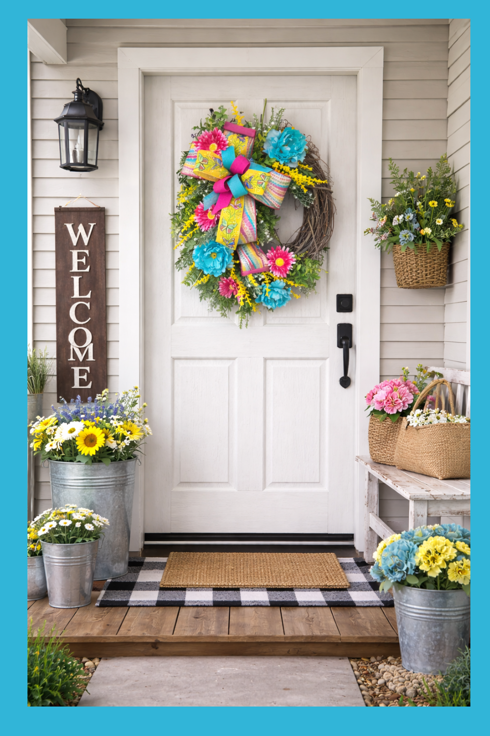 Spring Front Door Teal Pink Floral Wreath for Farmhouse Porch Decor