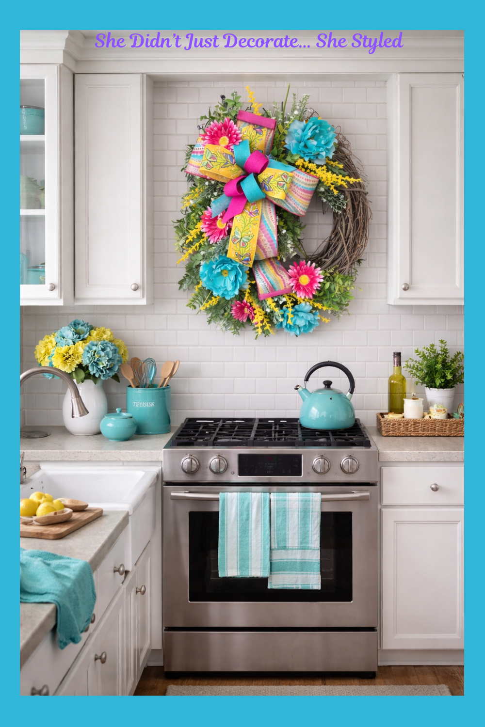 Spring Front Door Teal Pink Floral Wreath for Farmhouse Porch Decor