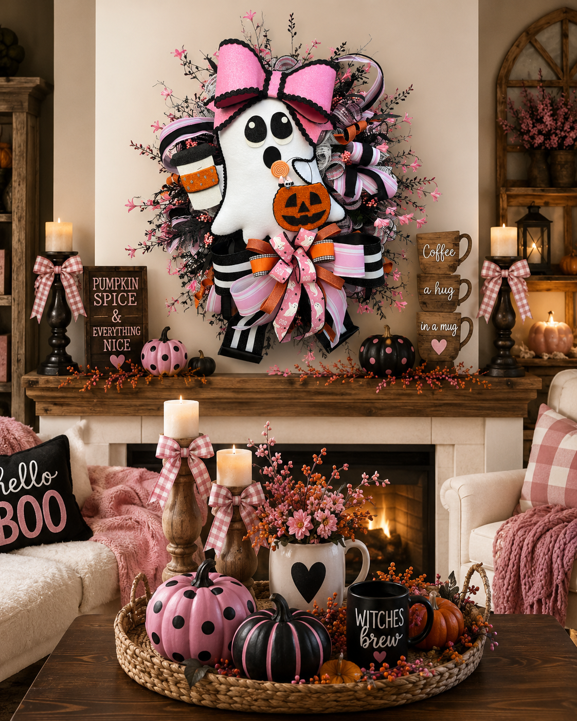 Glam Ghost Halloween Wreath with Coffee Cup & Pink Bow