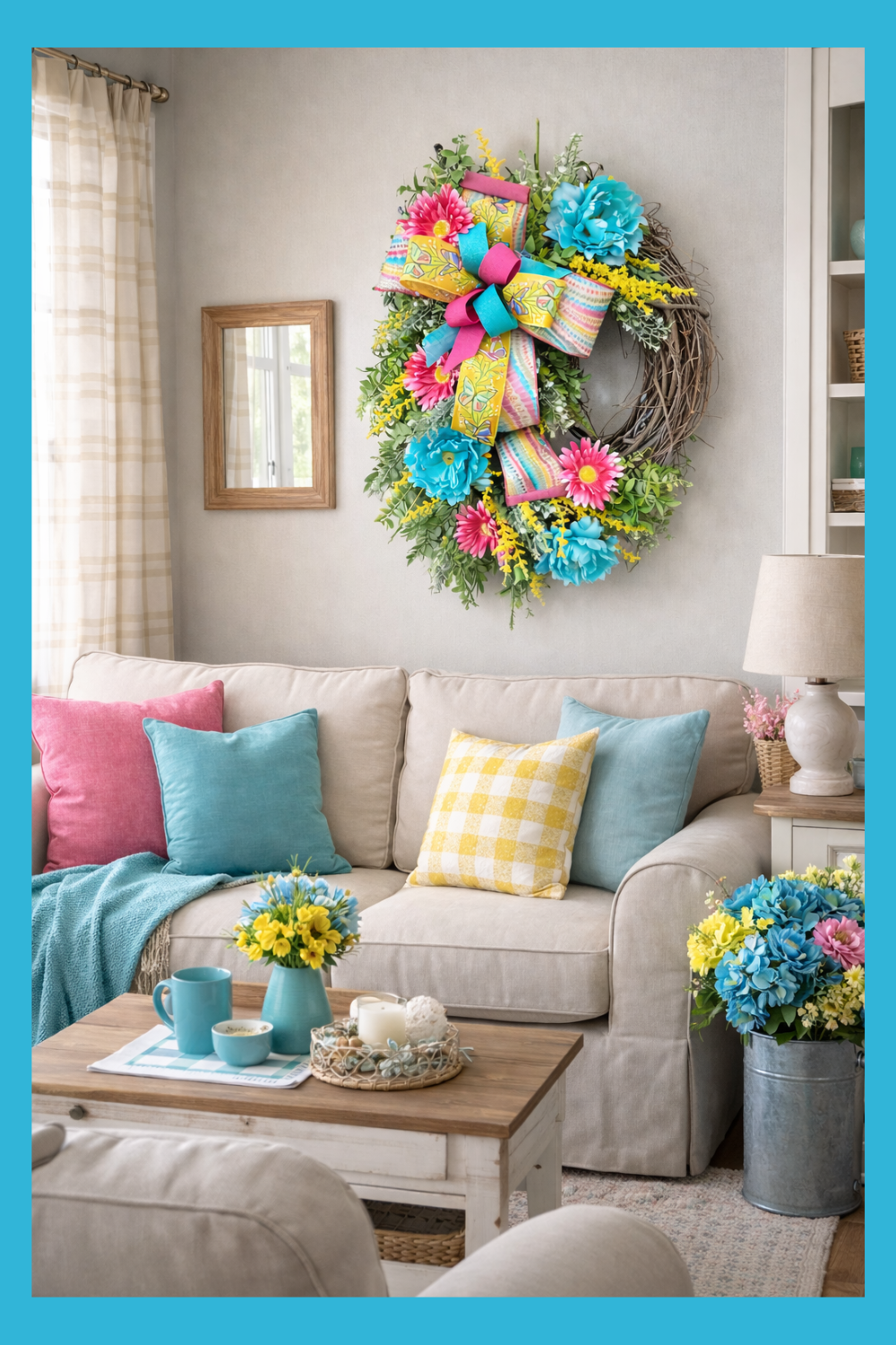 Spring Front Door Teal Pink Floral Wreath for Farmhouse Porch Decor
