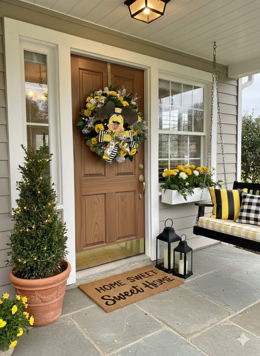 Black & Yellow Bee Inspired Spring Wreath – Bold Front Door Floral Decor