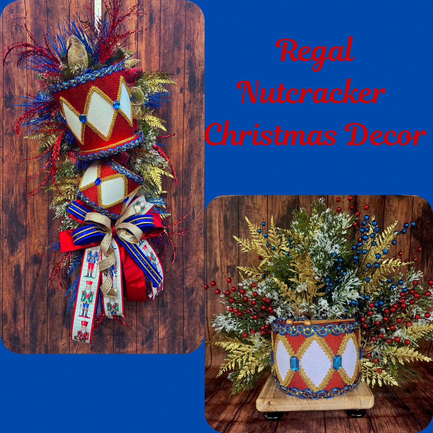 Nutcracker Drum Christmas Swag – Red, Blue & Gold Holiday Door Decor with Glitter Picks & Nutcracker Ribbon