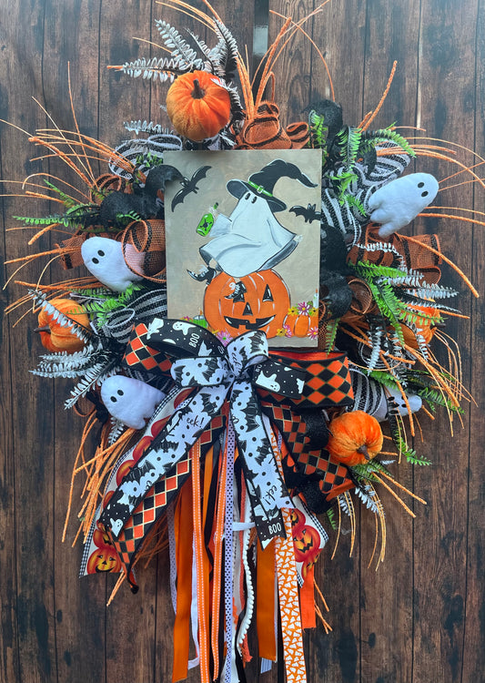 Whimsical Halloween Ghost Wreath with Pumpkin, Bats & Ribbons – Spooky Front Door Decor