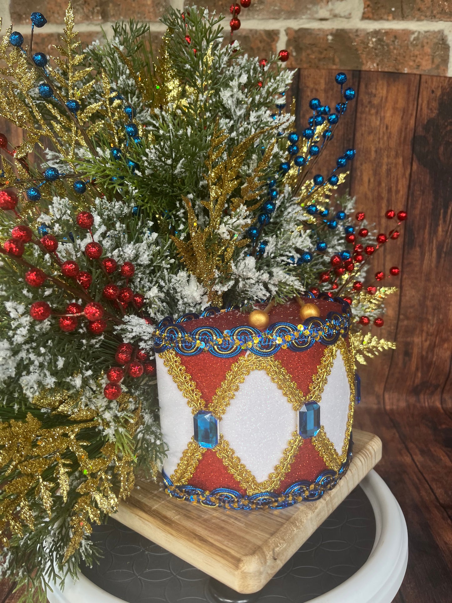 Festive Nutcracker Drum Floral Arrangement – Christmas Regal Centerpiece