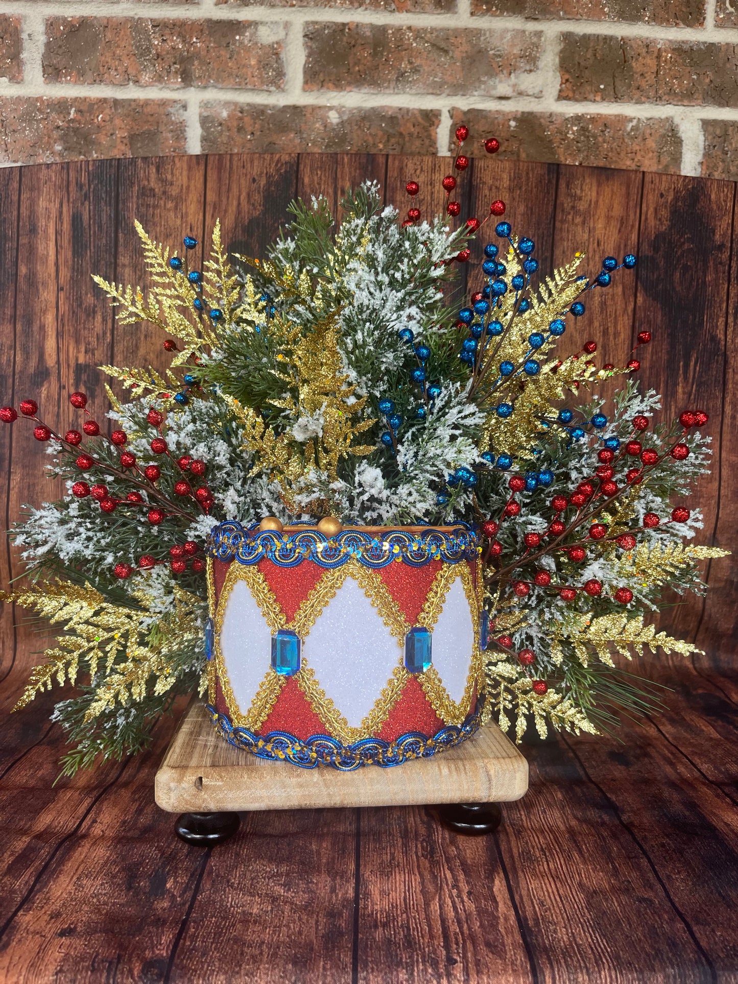 Festive Nutcracker Drum Floral Arrangement – Christmas Regal Centerpiece