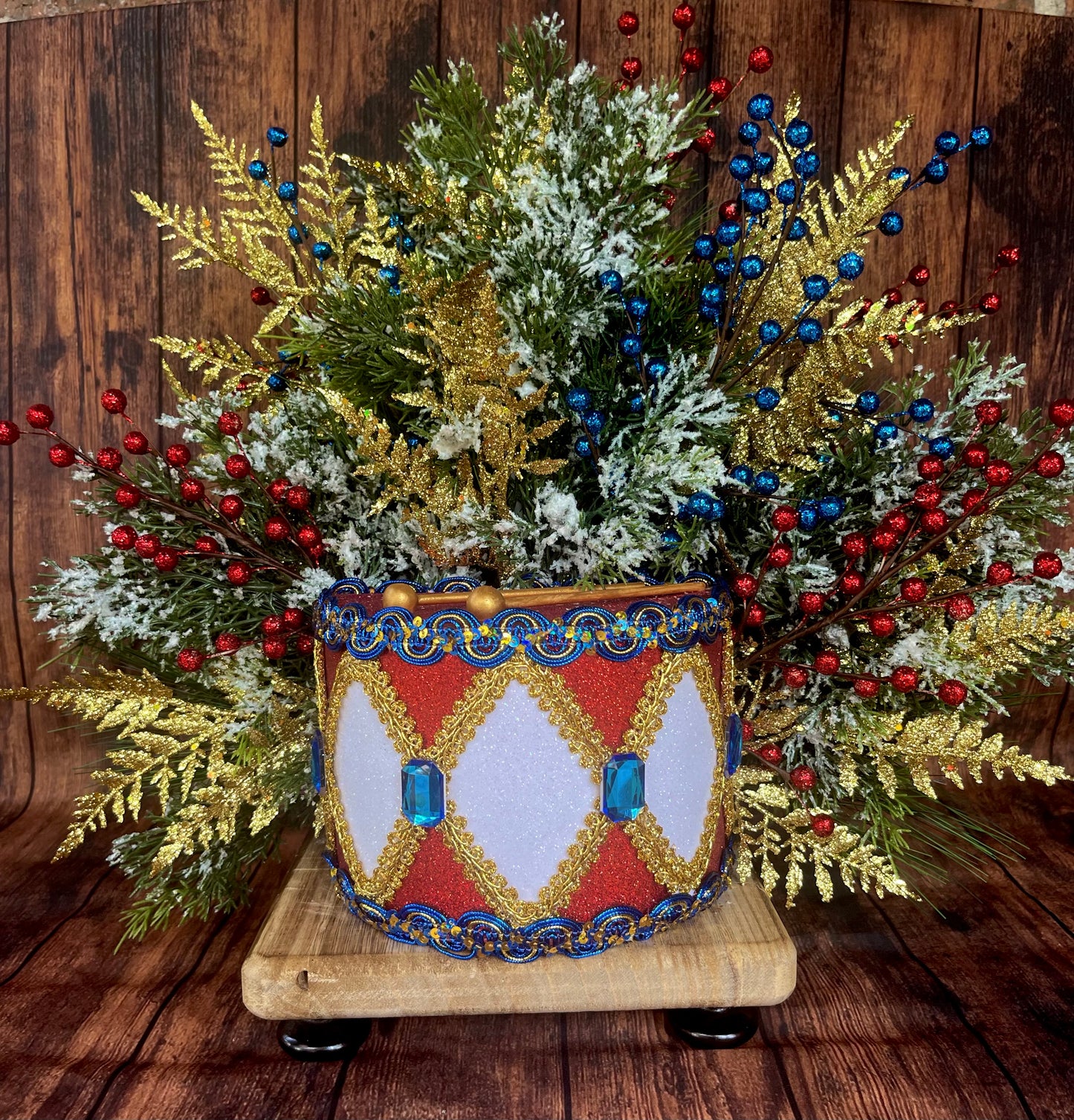 Festive Nutcracker Drum Floral Arrangement – Christmas Regal Centerpiece