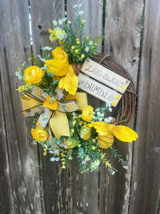 spring bee themed front door wreath, bumblebee decor, mothers day gift, front door decor, wall hangings, farmhouse decor, summer wreath