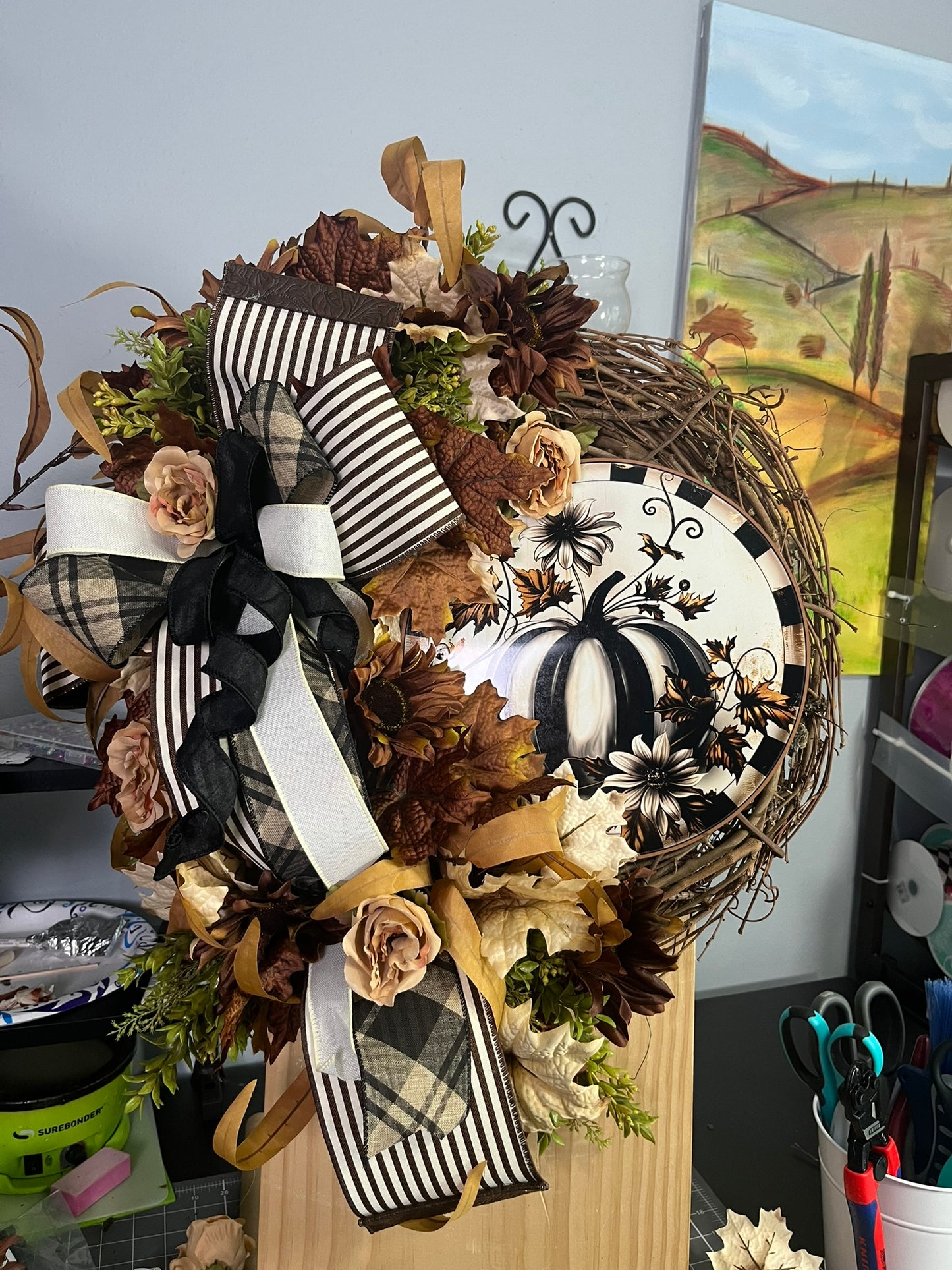 Neutral Pumpkin Fall Wreath – Autumn Front Door Decor