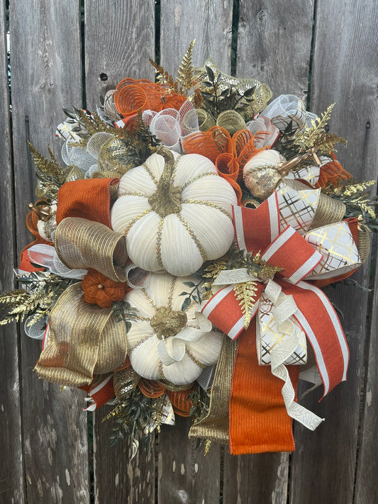 Fall Wreath with White Pumpkins & Orange Accents, Autumn Decor for Front Door, Thanksgiving Wreath, wall decor for fall, elegant fall decor